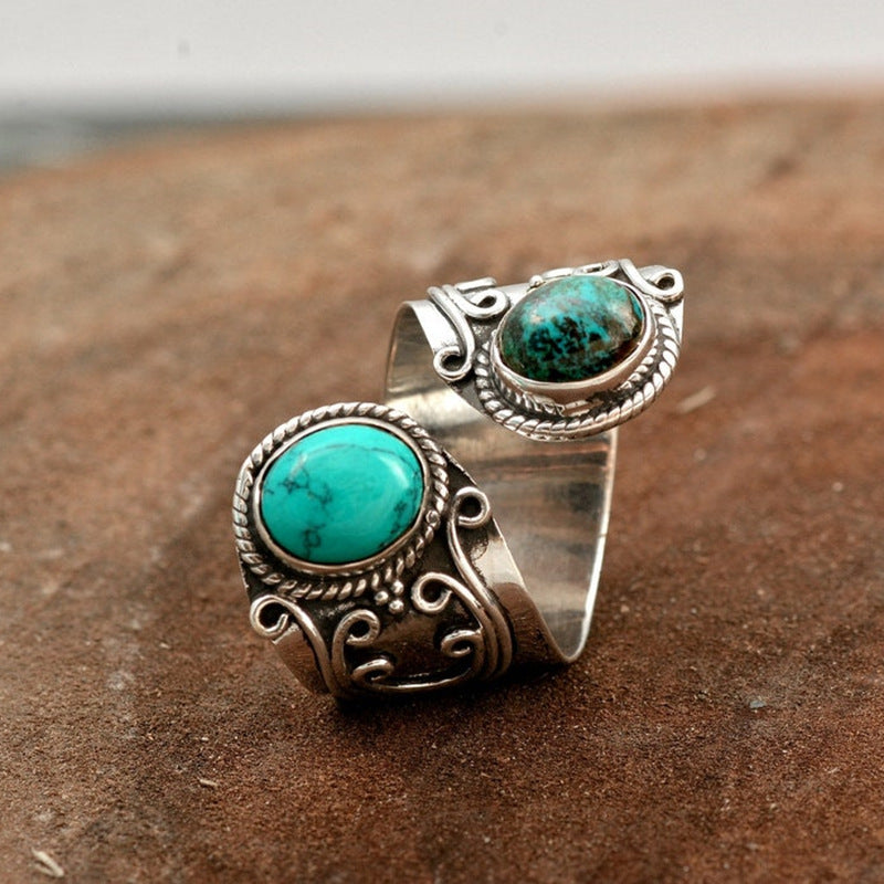 Women's Vintage Inlaid Turquoise Sier Adjustable Ring