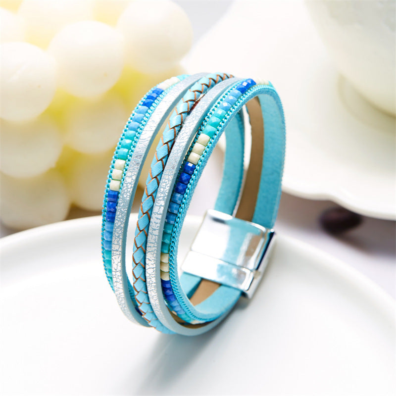 Style Turquoise Leather Vintage Flower Rhombus Crystal Tubular Bracelet