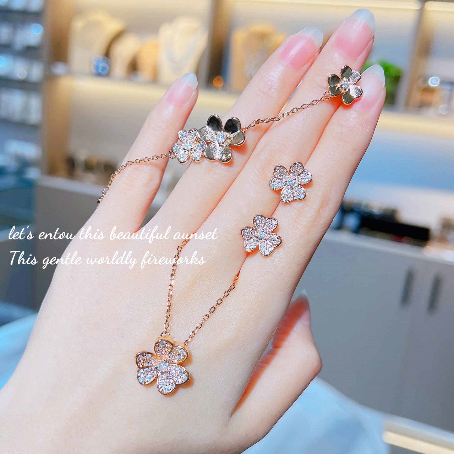 Women's Classic Lucky Clover Full Diamond Petal Flower Light Luxury Minority Jewelry Set