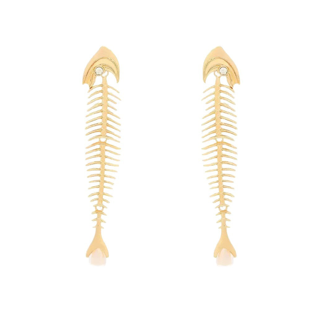 Long Alloy Fishbone Stitching Imitation Pearl Eardrops Design Sense Marine Rings