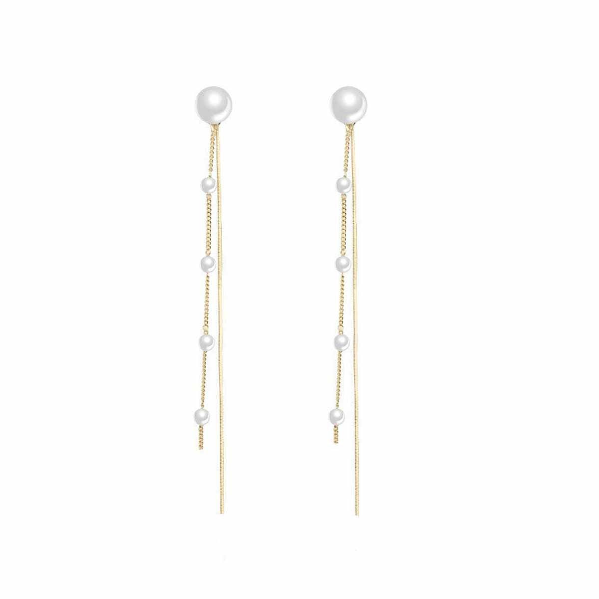Temperamental Long Pearl Tassel Line Ear Earrings