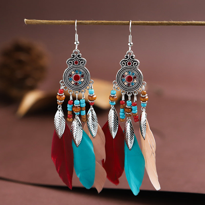 Feather Round Drop Oil Craft Retro Ethnic Earrings