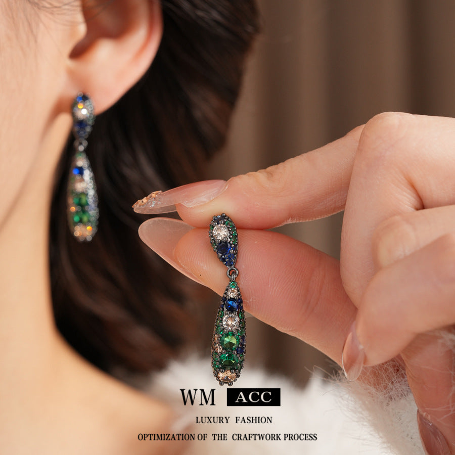 Sier Needle Inlaid Zircon Water Drop Light Luxury Earrings