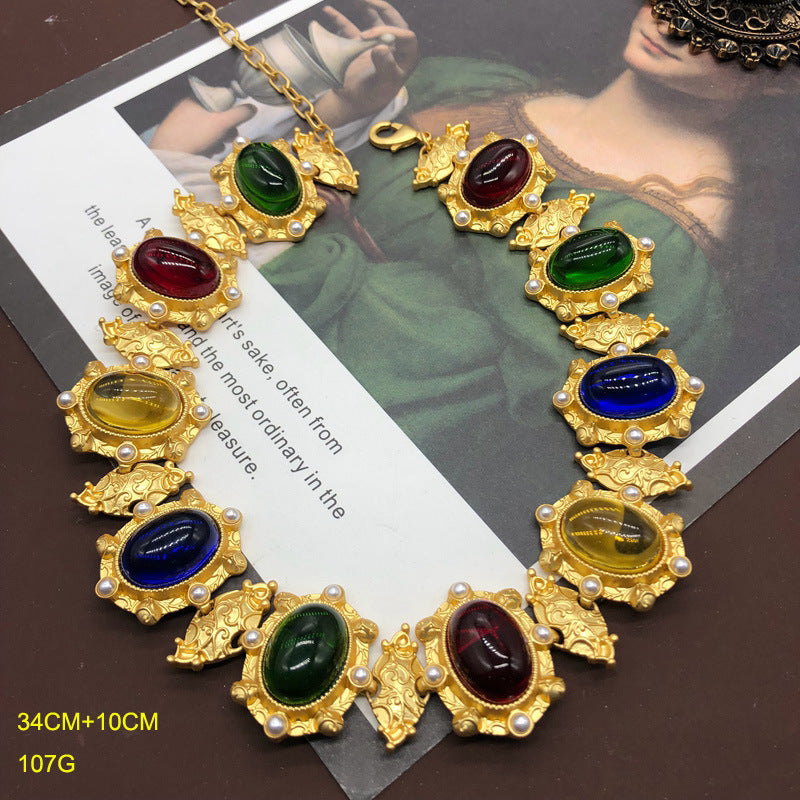 Western Gold-plated Colorful Jelly Glass Pearl Clavicle Chain Matching Rings
