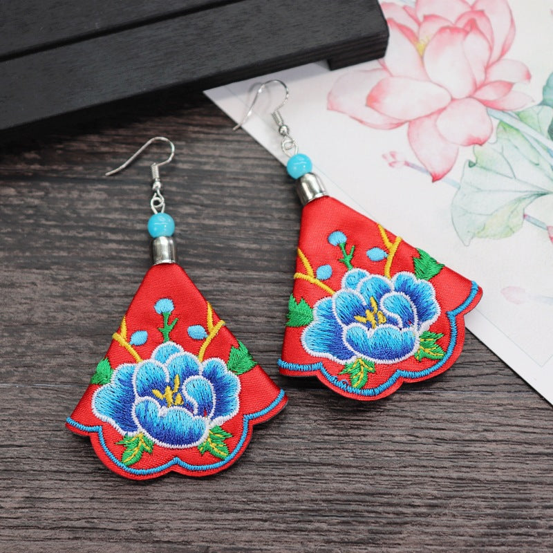 Women's Retro Ethnic Style Handmade Embroidered Fabric Long Flower Earrings