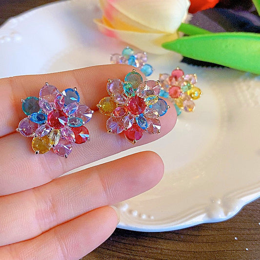 Women's Sier Needle Flower Color Zircon Mori Sweet Fashion Earrings