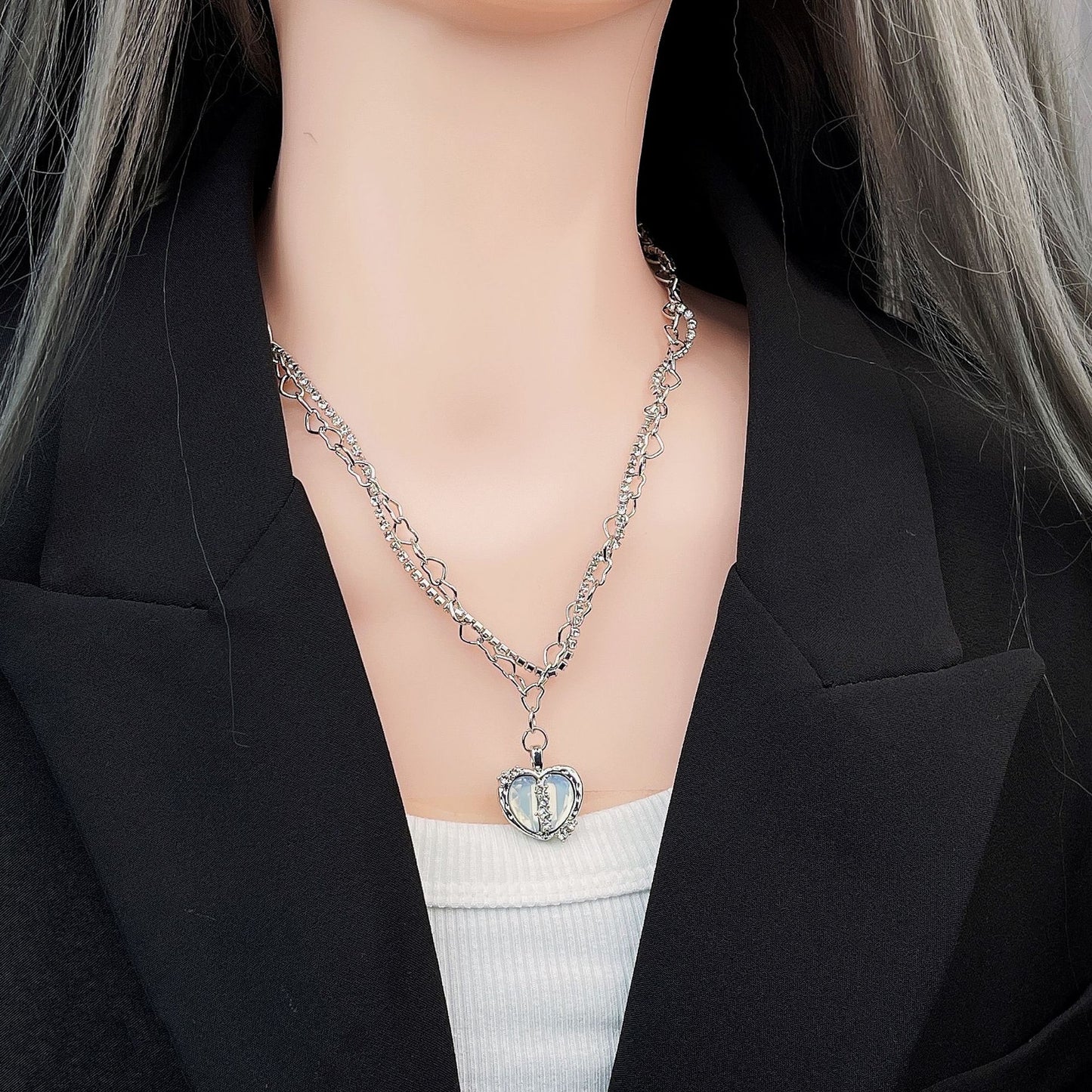 Niche Design Rhinestone Love Chain Heart-shaped Necklaces