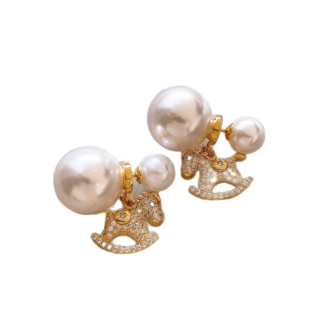 Women's Flocking Pearl Gourd Pony Ear Clip Niche Earrings