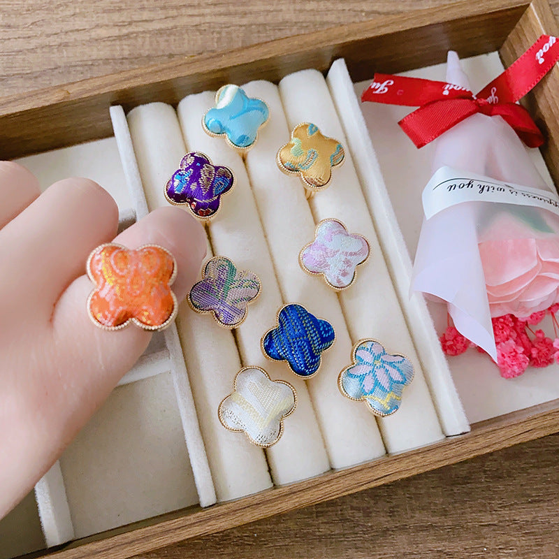 Chinese Style Song Dynasty Brocade Clover Finished National Adjustable Open Ring