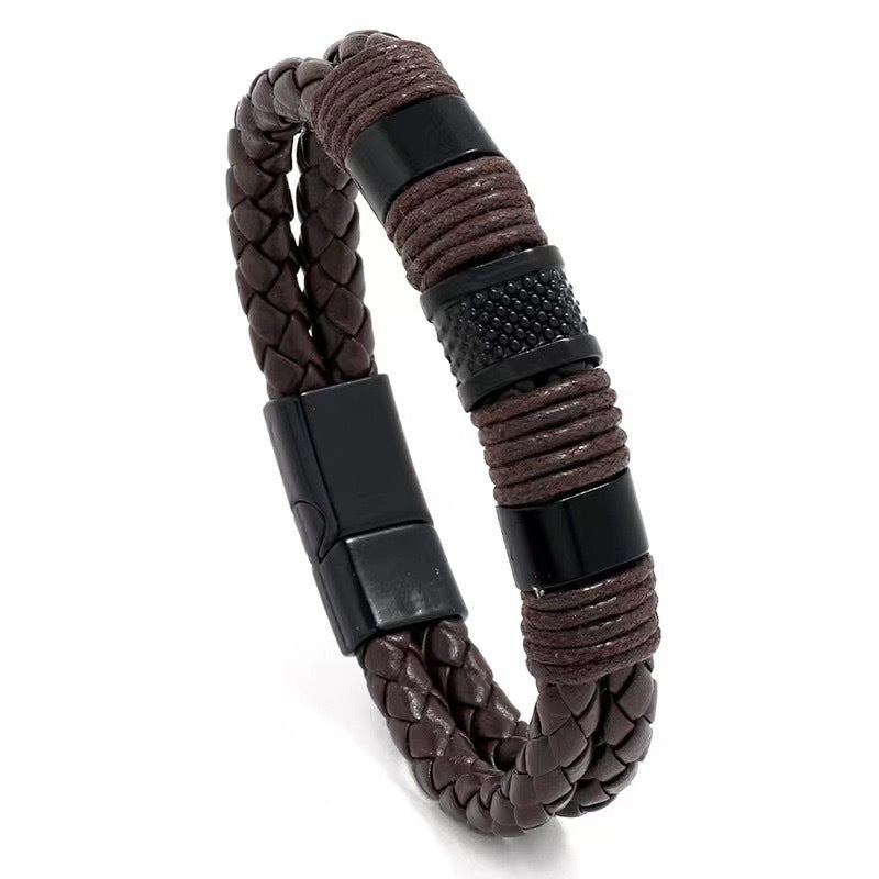 Men's Weaving Leather Stainless Steel Magnetic Buckle Bracelet