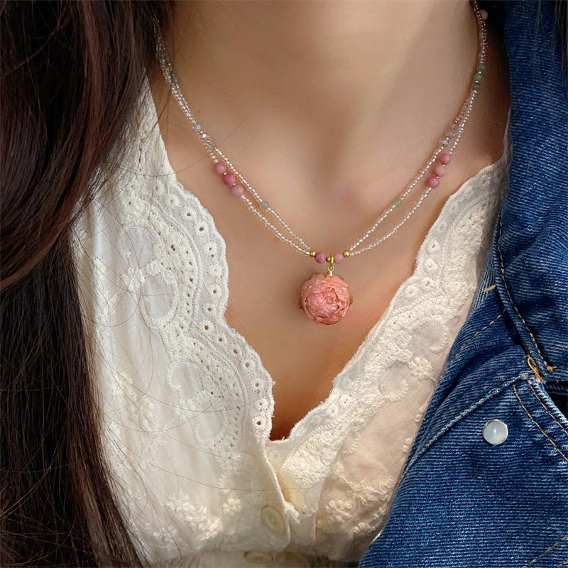 Czech Beads Real Flowers Rose Flower Vintage Twin Fresh Clavicle Necklaces