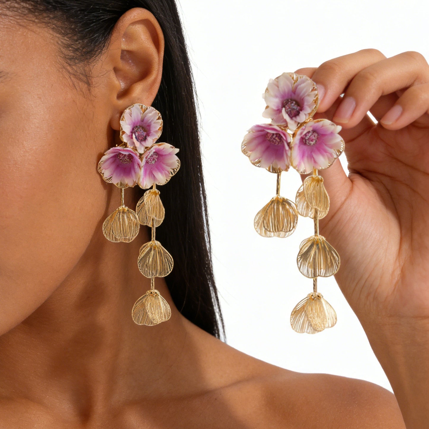 Women's Fashion Metal Hollow Floral Tassel Fresh Earrings