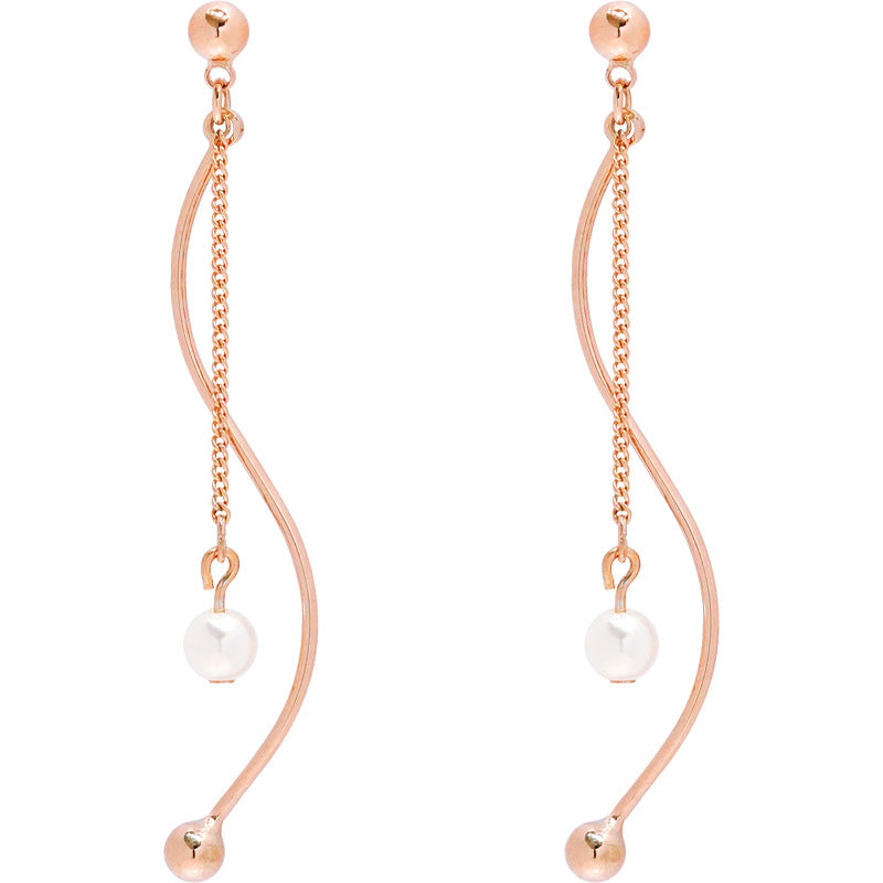 Women's Simple Thin Face Long Fringed Pearl Elegant No Ear Earrings