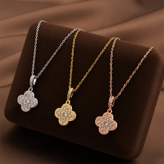 Women's Diamond Flower Four-leaf Clover Titanium Steel Gold-plated Necklaces