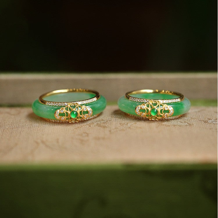 Women's Green Jade High-grade Sier Chalcedony Adjustable Ring