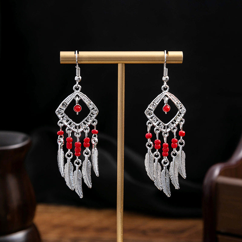 Miao Sier Colorful Long Feather Tassel Rings