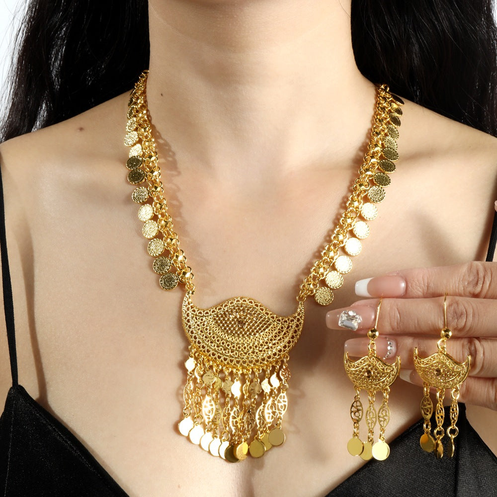 Women's Fashionable Golden Alloy Hollow Coin Tassel Jewelry Set