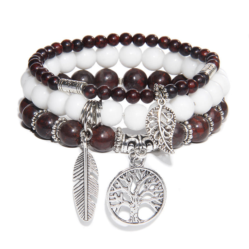 Women's Stone Bead Three-piece Tree Of Life Feather Vintage Bracelets