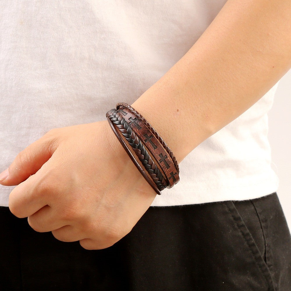 Men's Woven Leather Cross Magnetic Snap Trendy Cool Bracelets