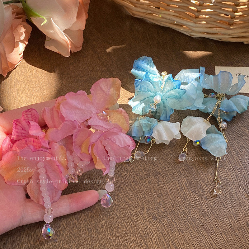 Women's Blue Flower Exaggerating Tassel Super Fairy Rings