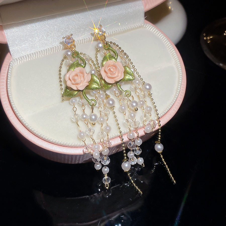 Women's Bead Flower Tassel Light Luxury High-grade Vacation Style Earrings
