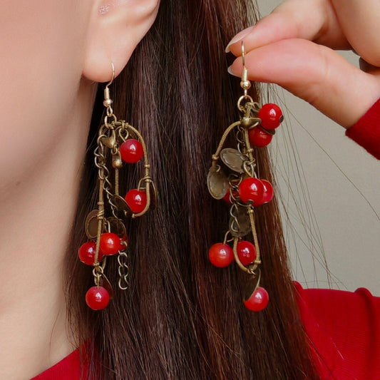 Red Fruit Beaded Tassel Ear Hook Style Retro Sense Chic Rings