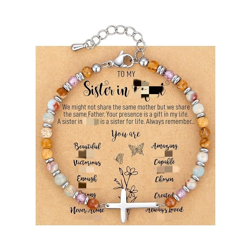 Women's Natural Stone Beaded Cross Lobster Buckle Adjustable Band Bracelet