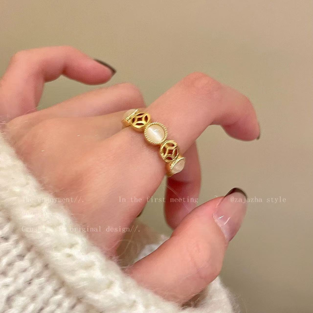 Gold Dynasty Five Coins Opal Female Light Luxury High Rings