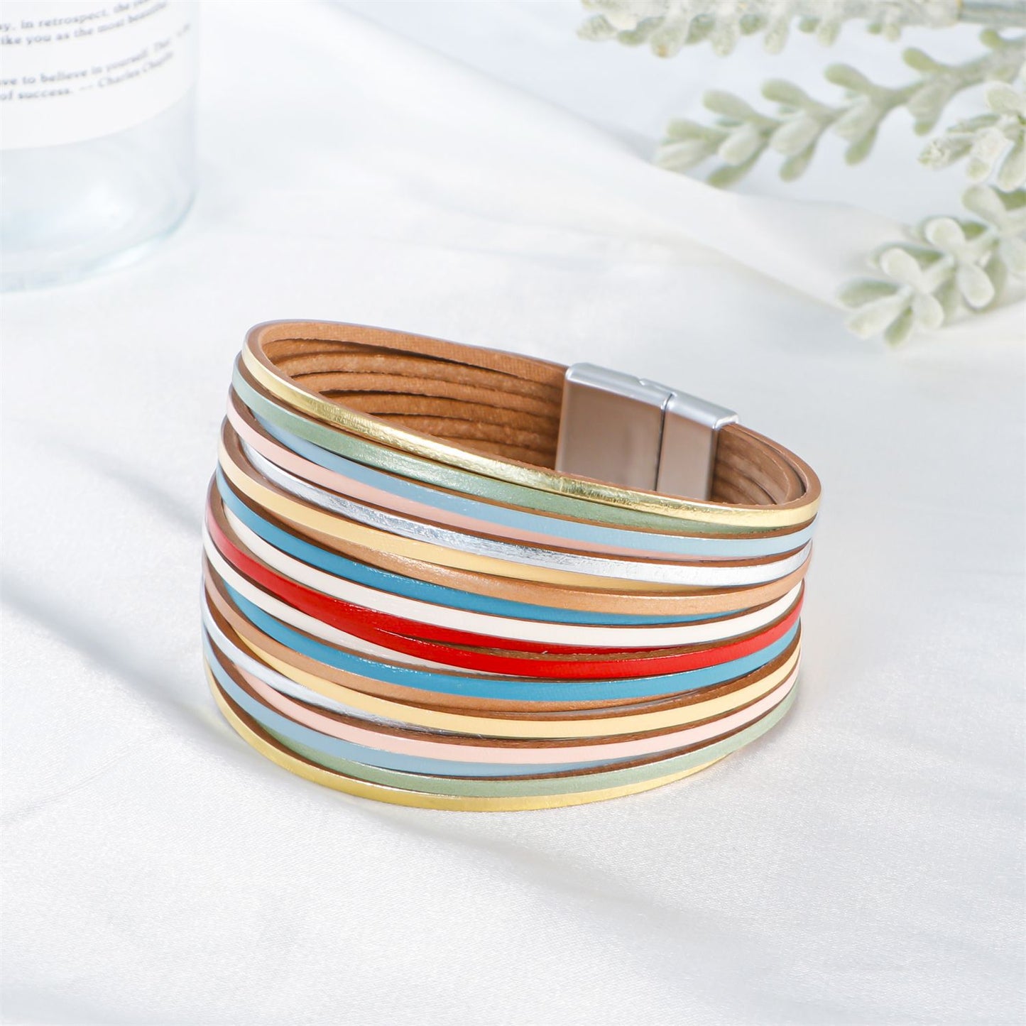 Women's Summer Rainbow Color Matching Leather Cord Fashion Magnetic Bracelets