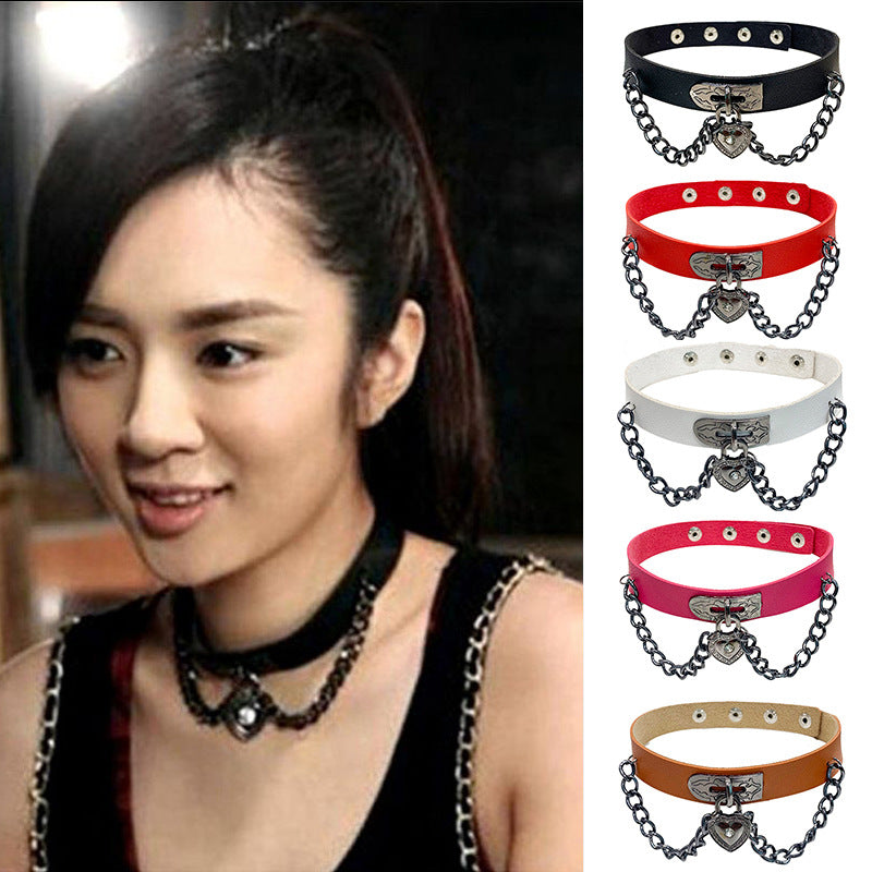 Love Leather Chain Neck Band Peach Heart Collar