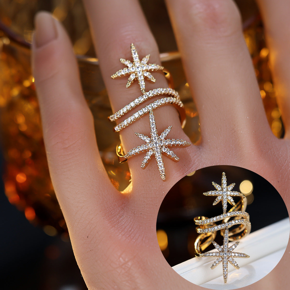Light Luxury Minority Personality Micro Inlaid Synthetic Zircon Surrounding Geometric Ring