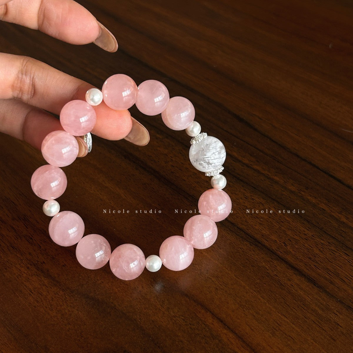 Blossom Natural Crystal Strawberry Pink White Square Bracelet