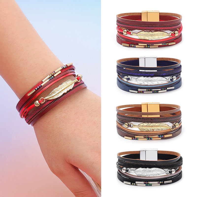 Women's Bohemian Style Leather Vintage Feather Classic Bracelets