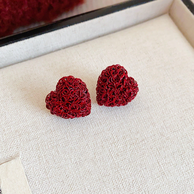 Women's Sier Needle Red Geometric Ear Korean Earrings