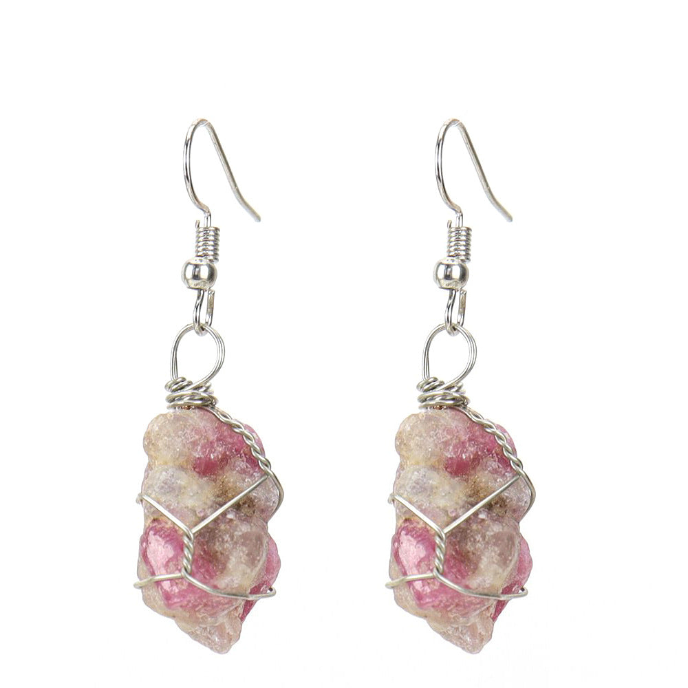 Women's Handmade Sier Winding Natural Stone Rough Crystal Agate Earrings