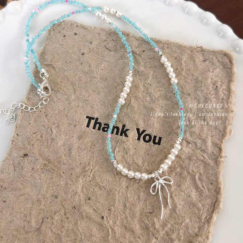 Summer Cool Color Short Blue Beaded Pearl Bow Clavicle Chain Necklaces