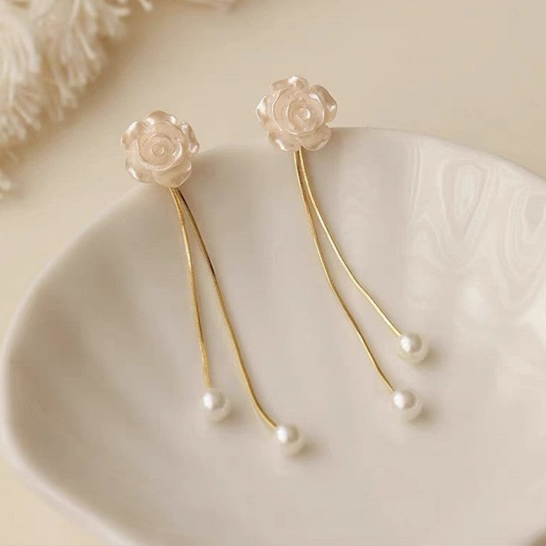 Women's Camellia Tassel For Design Premium Light Stud Earrings