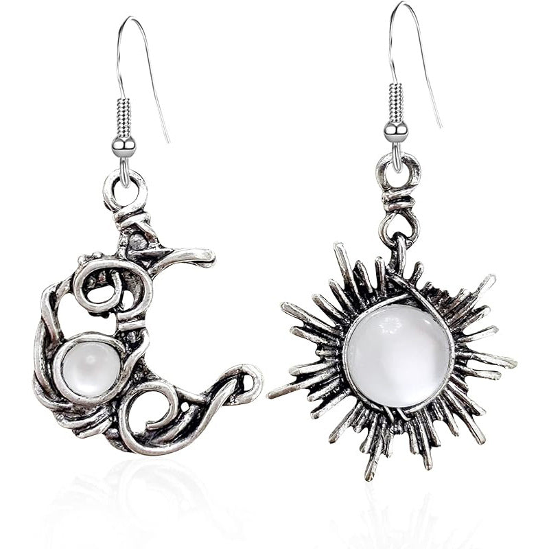 Bohemian Sun Moon Fashion Moonstone Asymmetric Earrings