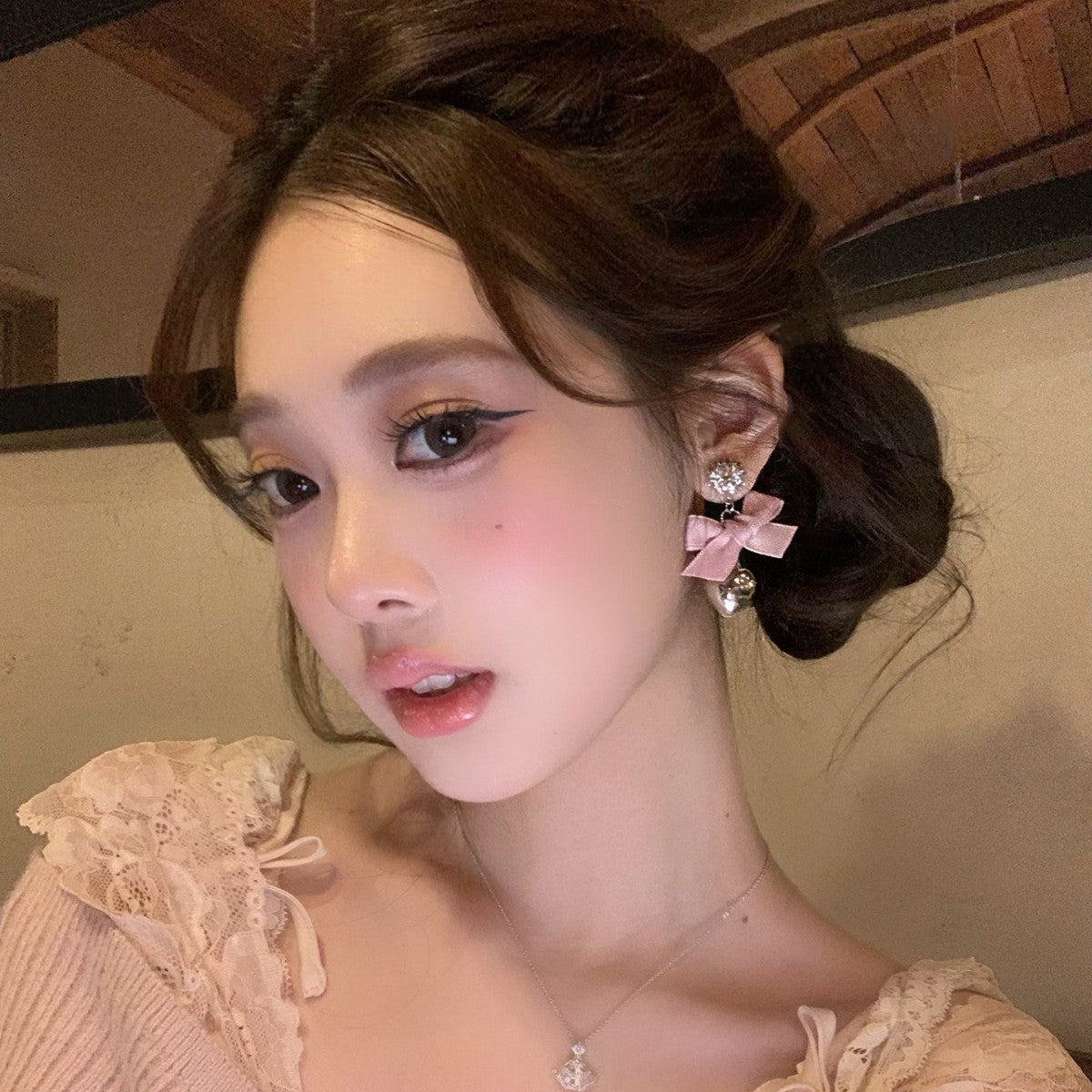 Women's Pink Bow Eardrops Light Luxury High-grade Earrings