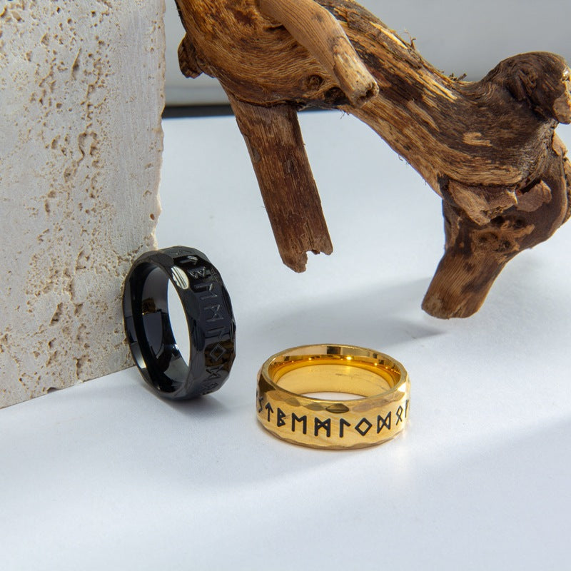 North Rune Distressed Retro Titanium Steel Rings