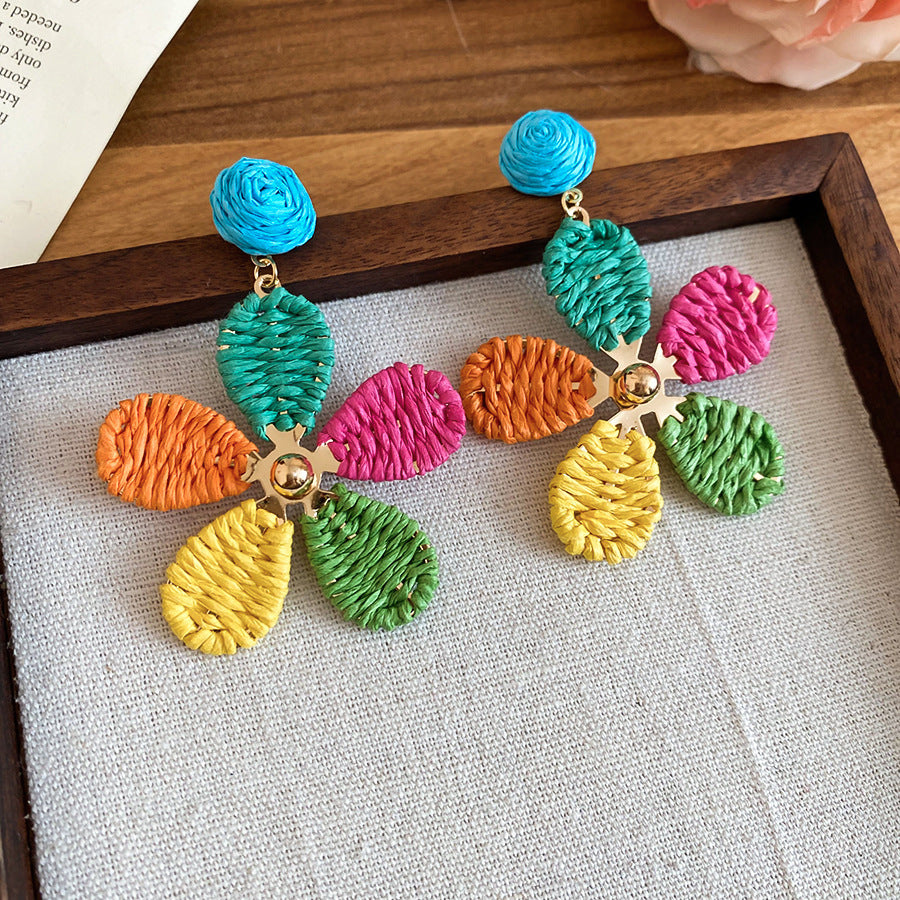 Women's Fresh Blue Fabric Flower Tassel Seaside Vacation Style Light Stud Earrings