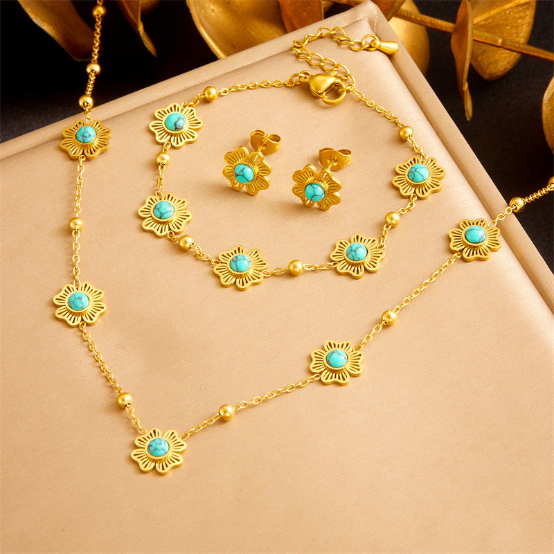 Exquisite Gold-plated Stainless Steel Love Pearl Flower Butterfly Jewelry Set