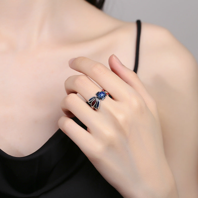 Old Enamel Burnt Blue Goldfish Female Ethnic Style Thai Sier Ring