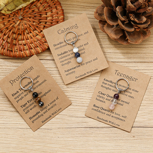 Stone Beaded Key Chain Handmade Tigereye Three Beads Combination Rings