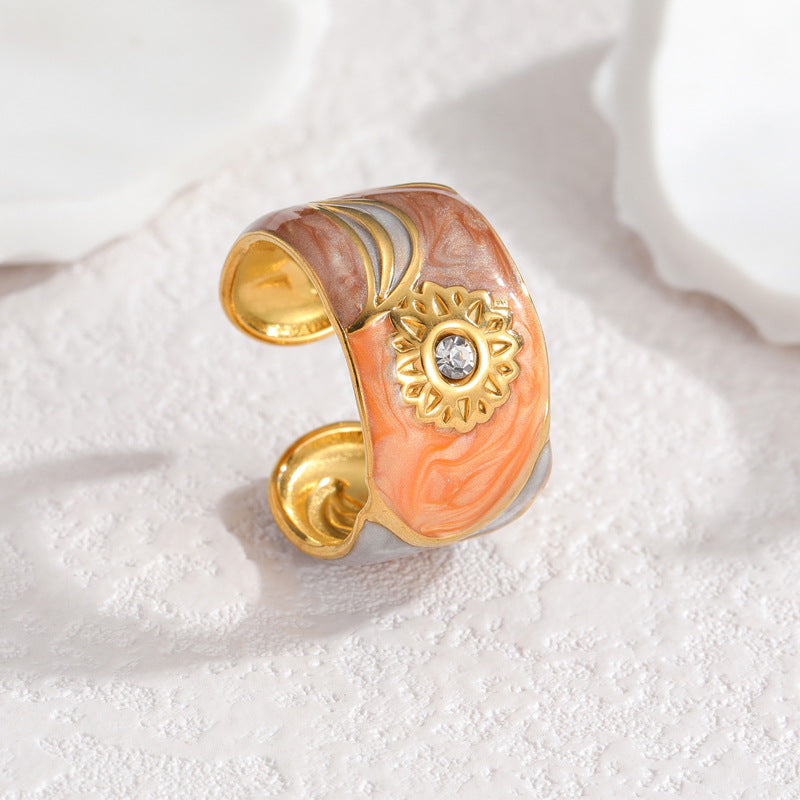 Steel Gold Drop Oil Sunflower Female Shaped Rings