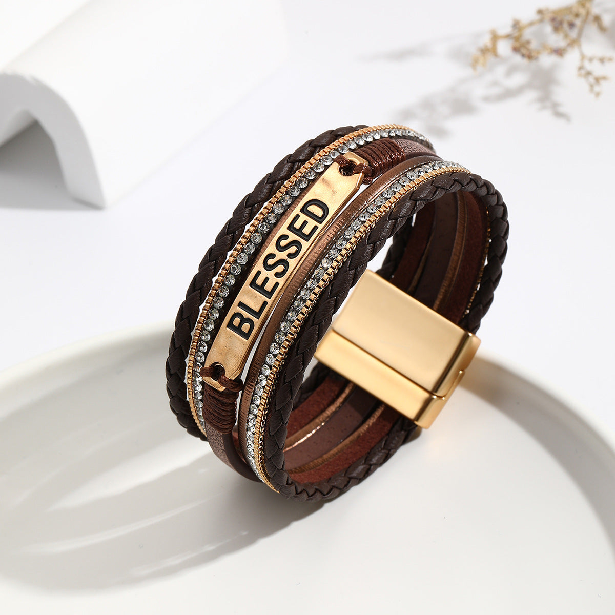 Style Leather Carrying Strap Alloy Multilayer Diamond Bangle Bracelets