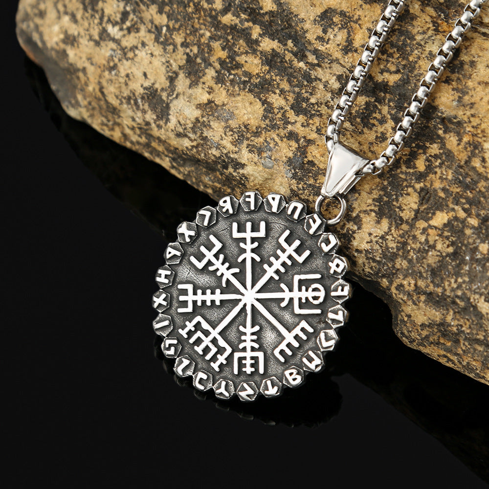 Steel Viking Compass Rune Retro Personality Necklace
