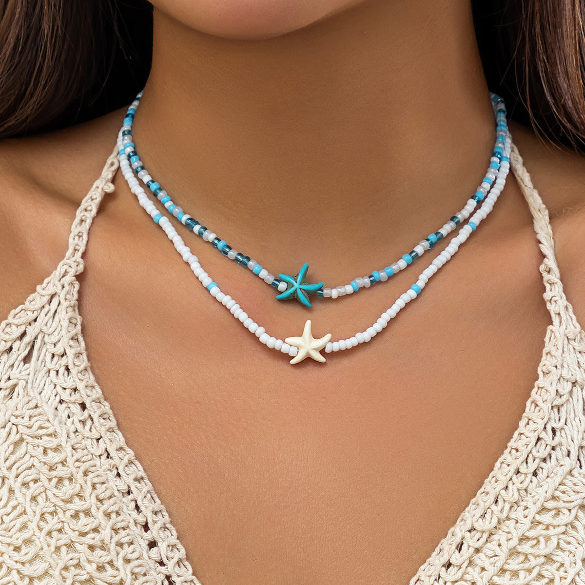 Women's Ocean Style Beads Stringed Clavicle Starfish Shell Necklaces