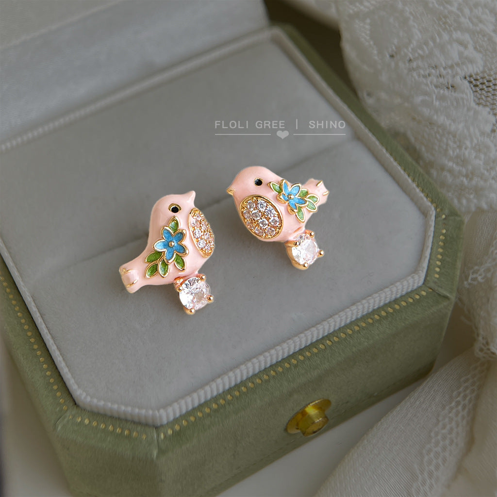 Sweet Cute Enamel Drop Glaze Painted Micro Inlaid Zircon Sier Stud Earrings