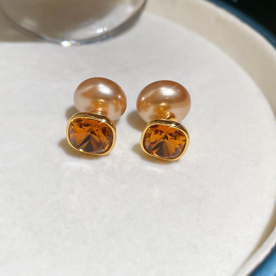French Flash Zircon Flower Pearl Light Luxury Earrings